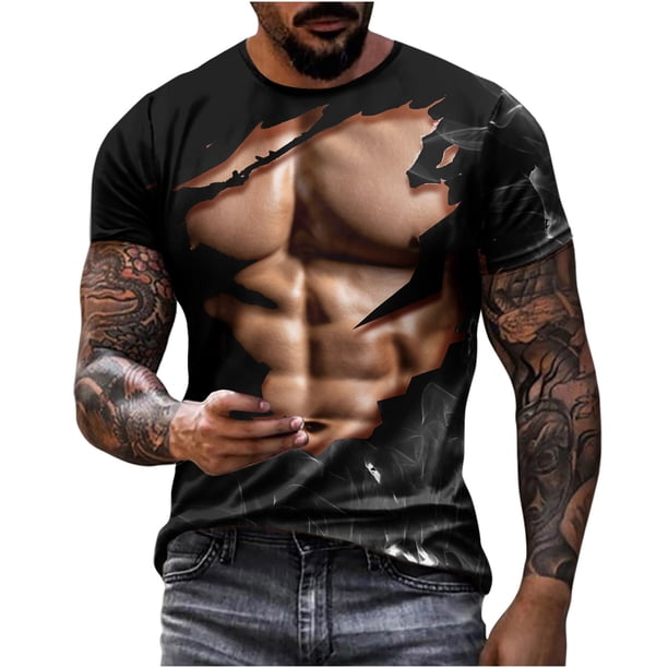 Camisetas de Manga Larga de los Hombres Casual Muscle Print Graphic Tee, Camiseta de Cuello de Tripulación de Manga Corta para las Vacaciones Diarias
