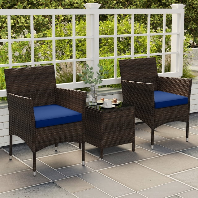 Gymax 3 PCS Outdoor Conversation Set w/ Cushioned Seat & Tempered Glass Tabletop