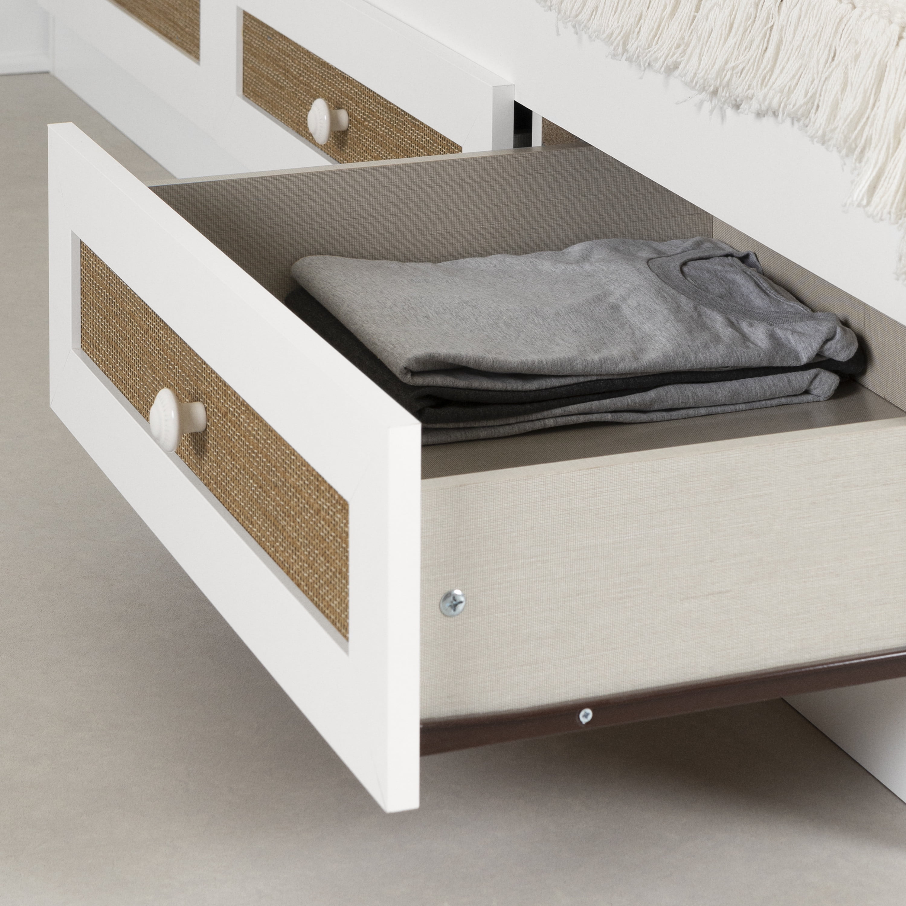 South Shore Hoya, Bohemian Harmony Full Mates Bed with 3 Drawers, White and Faux Printed Rattan