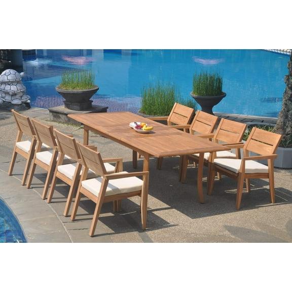 Grade-A Teak Dining Set: 8 Seater 9 Pc: 94" Double Extension Rectangle Table And 8 Vellore Stacking Arm Chairs Outdoor Patio WholesaleTeak #WMDSWVm