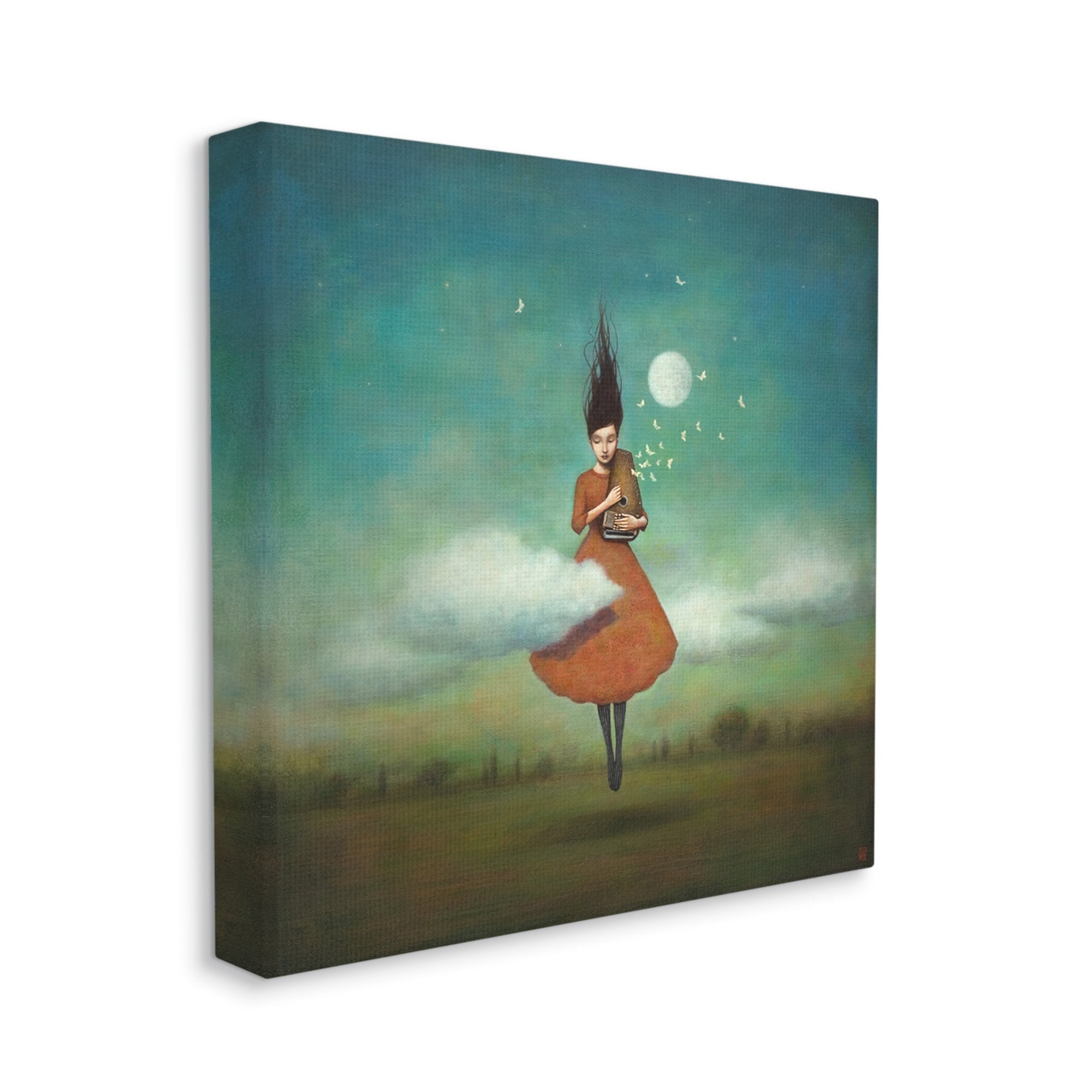 Fluffy Clouds Surrounding Floating Woman Red Dress Animals & Insects Painting Gallery-Wrapped Canvas Print Wall Art