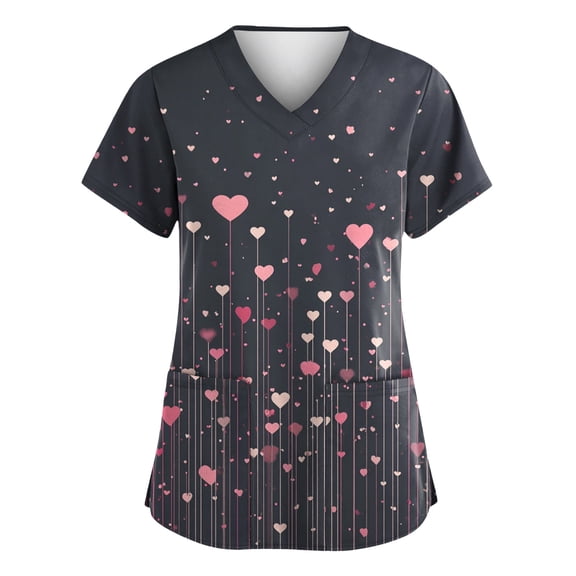 Valentine's Day Womens Scrub Top Short Sleeve V Neck Scrub Top Love Heart Printed Shirts Valentine's Day Cartoon Pattern Scrub Tops with Pockets