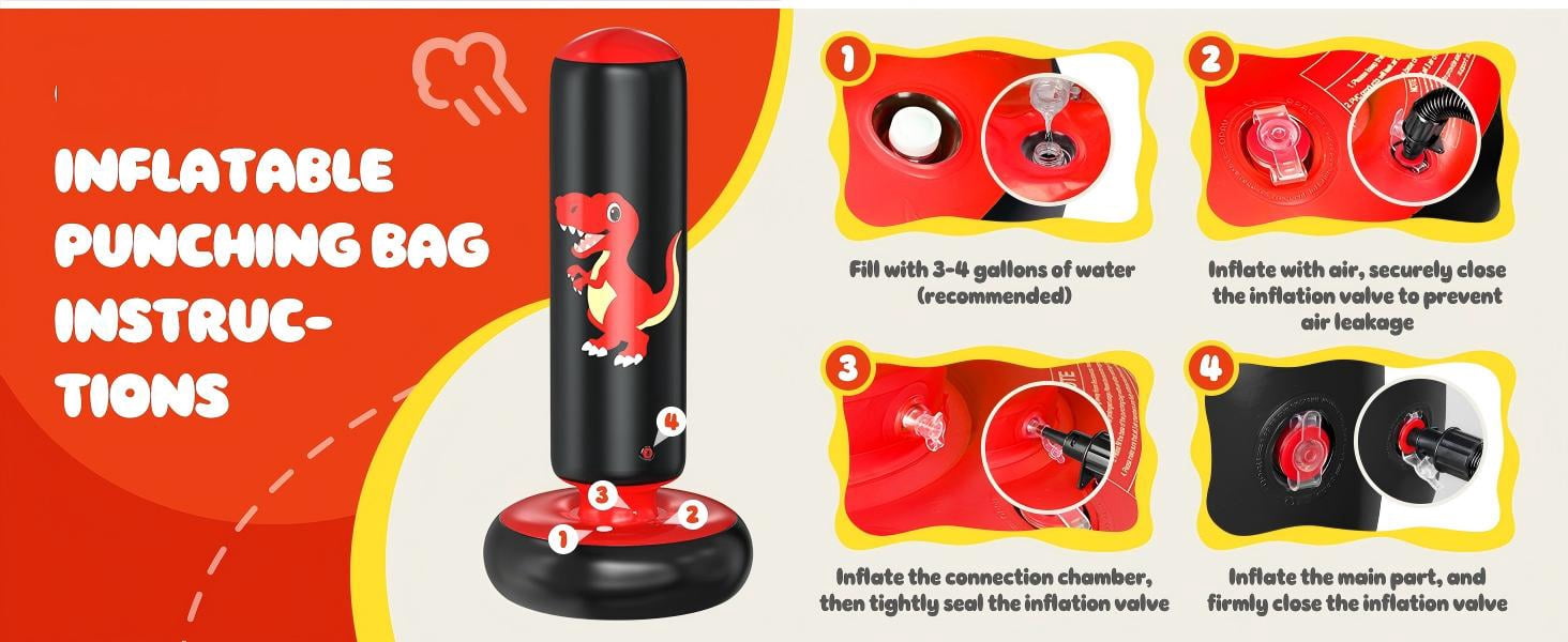 48" Inflatable Punching Bag for Kids, Lava Red Dinosaur with Black Pillar, Dinosaur Bop Bag for Boys & Girls Ages 3-8
