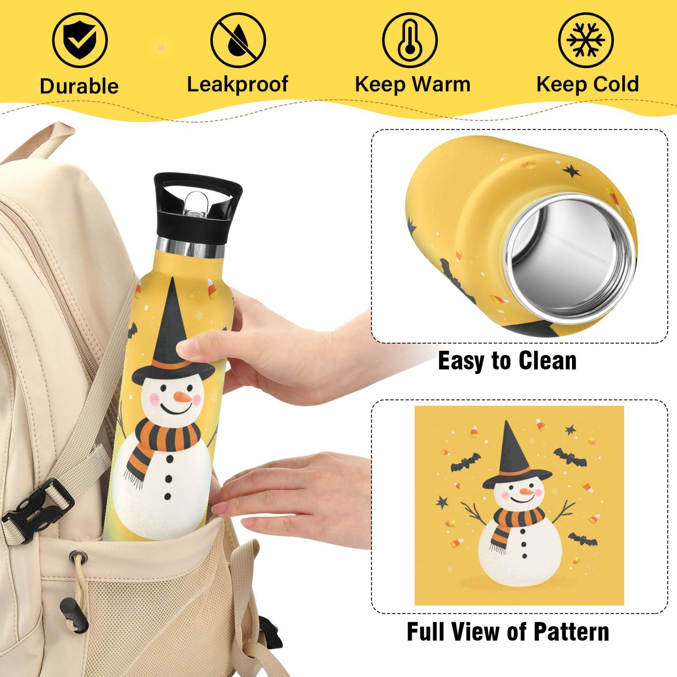 Kids Insulated Stainless Steel Sports Water Bottle 600ml (20oz) Snowman with Witch Hat