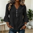 thumbnail image 5 of hoksml Women's V Neck Partial Button 3/4 Bell Sleeve Blouse, Curved Hem Linen Texture Casual Tunic Top for Office Daily Wear, 5 of 8