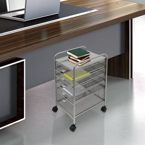 Rolling File Cabinet with 5 Drawers, Metal File Storage Organizer with Wheels, Modern Mobile Office Filing Cabinet, Silver Freestanding Drawer Cabinet