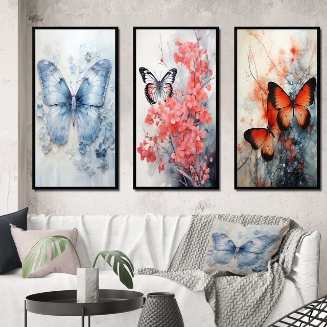 Designart "Blue Butterfly Wings I" Animals Framed Wall Art Set Of 3 - Blue Butterfly Frame Canvas Set For Living Room Decor