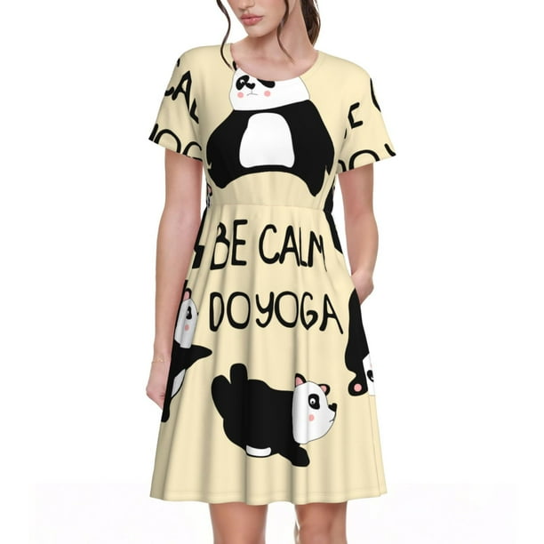 Easygdp Panda Doing Yoga para Vestido Transpirable de Mujer, Vestido Suelto de Manga Corta con Pliegues y Bolsillos para el Verano