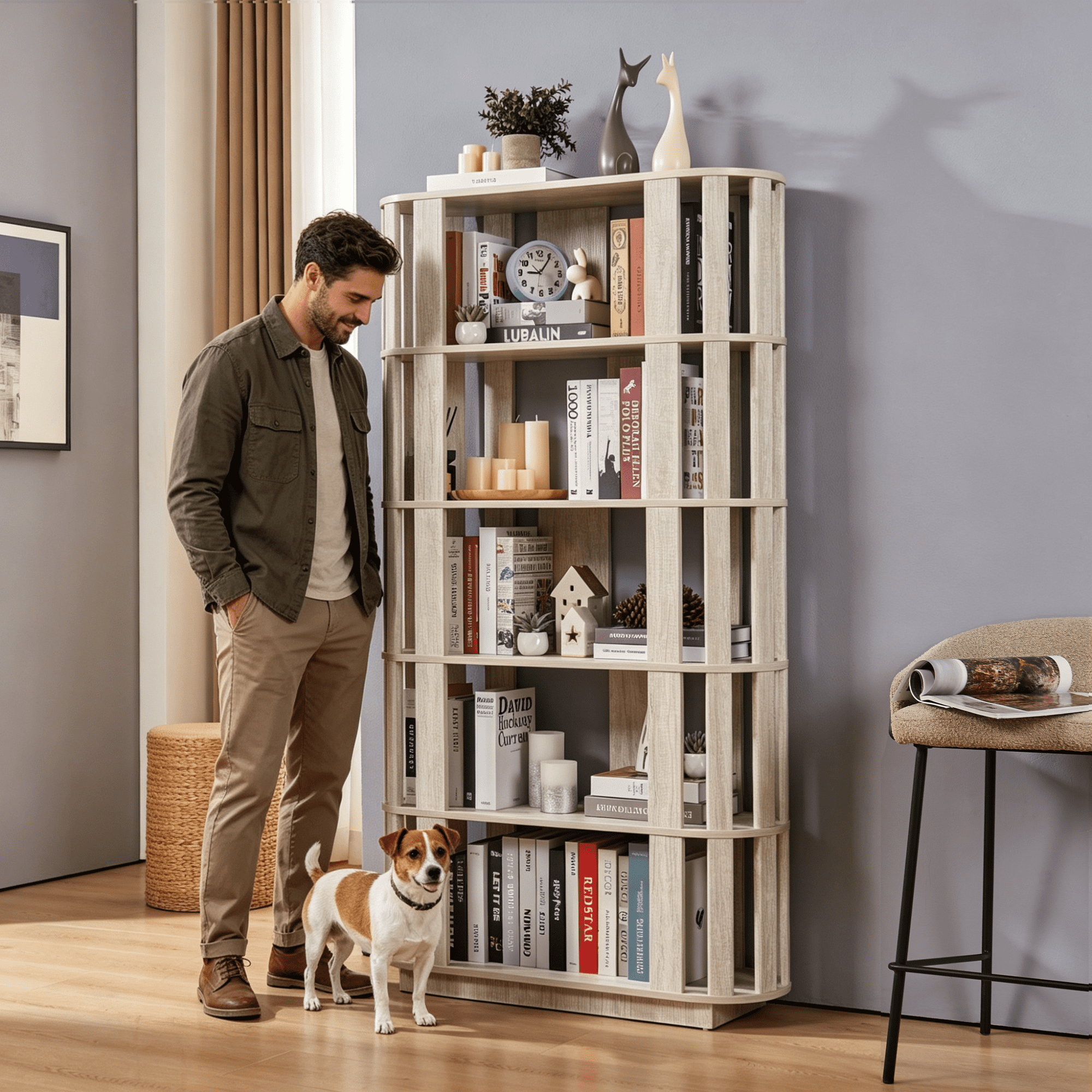 Leumius Wooden Oval Open Bookshelf, 5-Tier Freestanding Bookcases,Easy Assembly DIY Free Combination Storage Cabinet Storage Display Rack for Living Room Home Office Decor,Light Gray