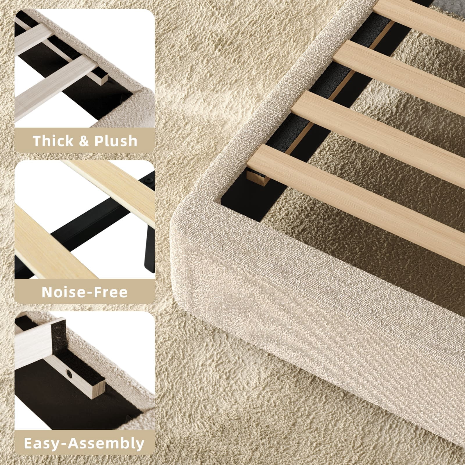4 EVER WINNER Twin Bed Frame with Headboard, Cloud Boucle Upholstered Platform Bed with Wood Slats, Soft Rounded Corners, No Box Spring Required, Non-Slip and Noise-Free, Easy Assembly, Cream
