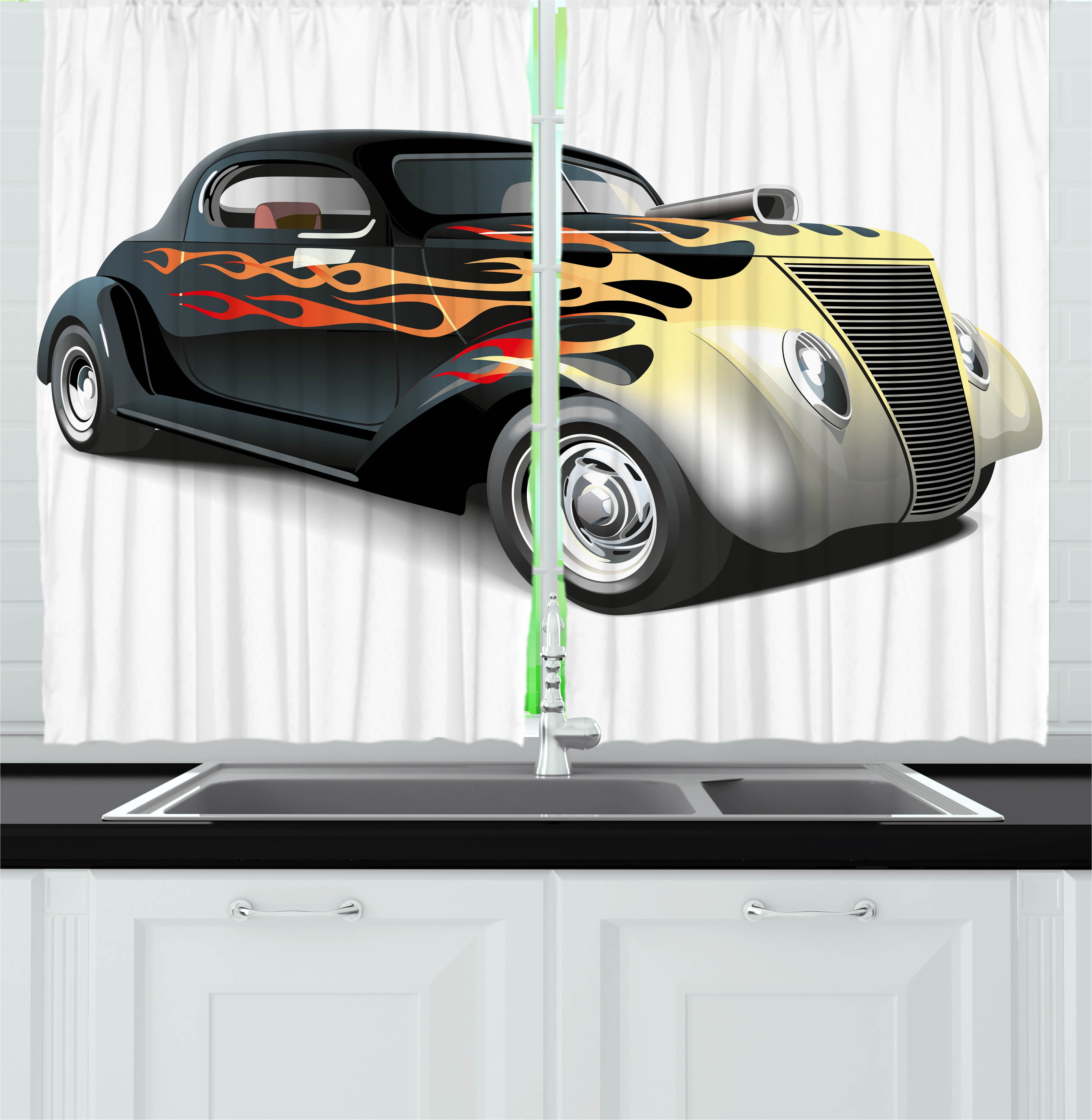 Vintage Curtains 2 Panels Set, Retro 40s Fashionable Drag Car with