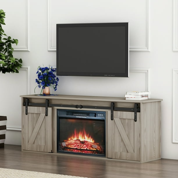 paproos Fireplace TV Stand with Sliding Barn Door, Wood Entertainment