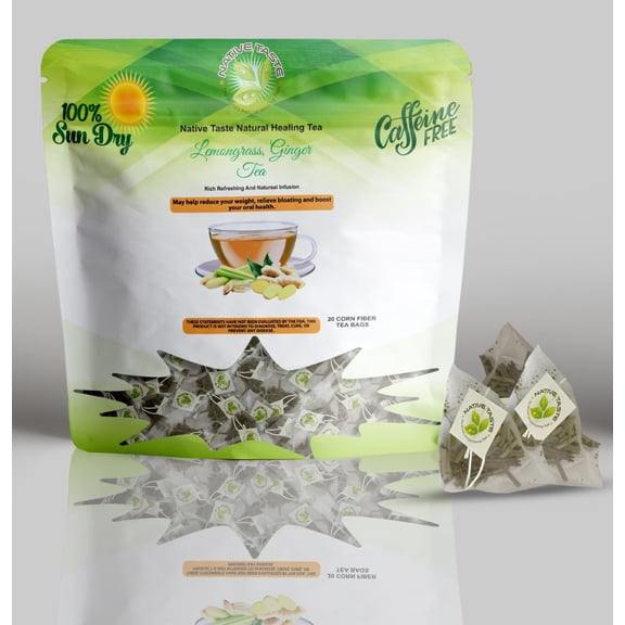 Lemongrass Ginger Tea - 20 Pyramid Corn Fiber Teabags- 100% Sun Dry Cut and Sift Tea Leaves in Pyramid Teabags- 100% Natural Taste and Organic
