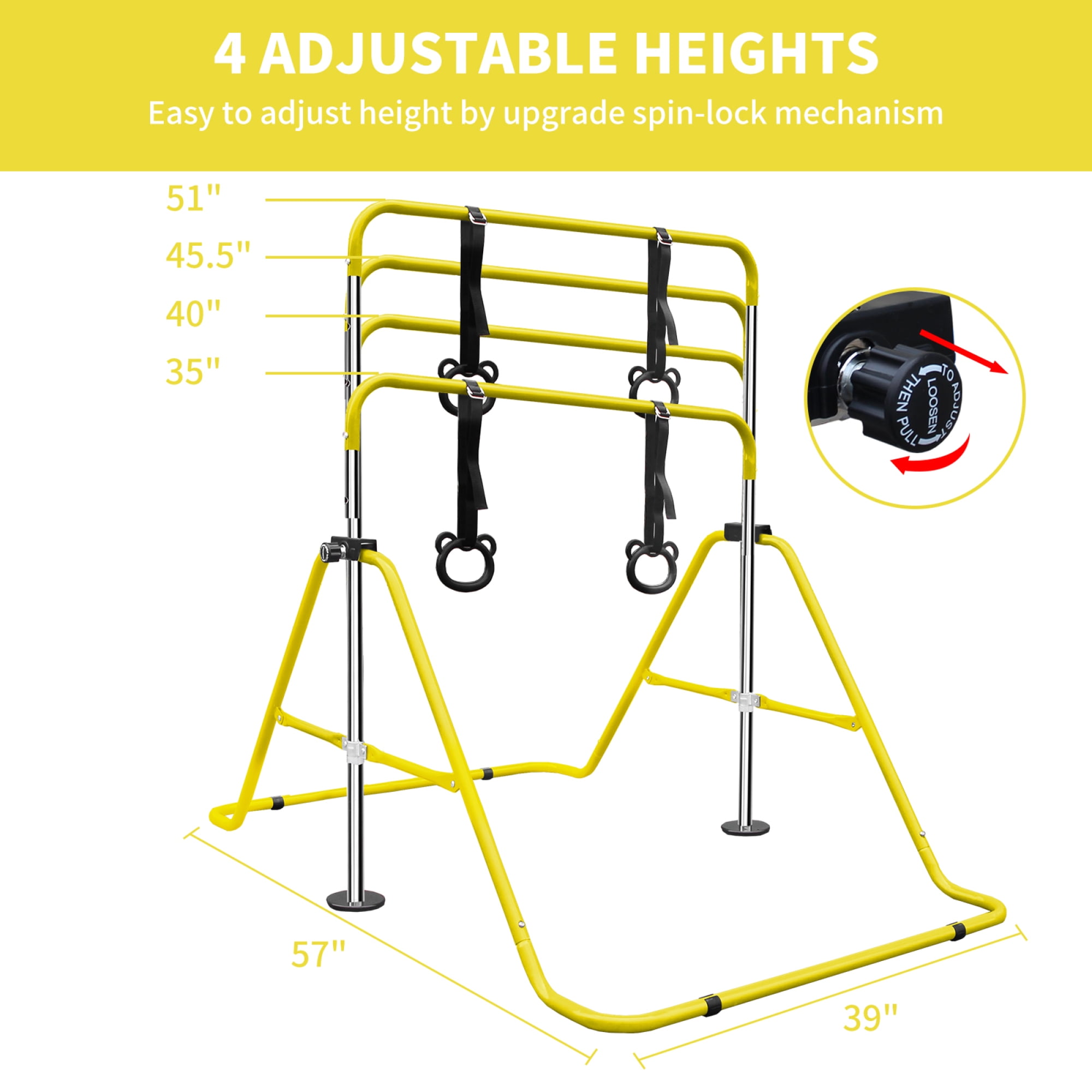 Leumius Gymnastics Bar for Kids,35"-51" Adjustable Height Steel Gymnastic Horizontal Bars with Bear Rings,Gymnastics Equipment for Indoor/Outdoor Training,Yellow