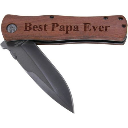 Best Papa Ever Folding Pocket Stainless Steel Knife with Clip  , (Wood