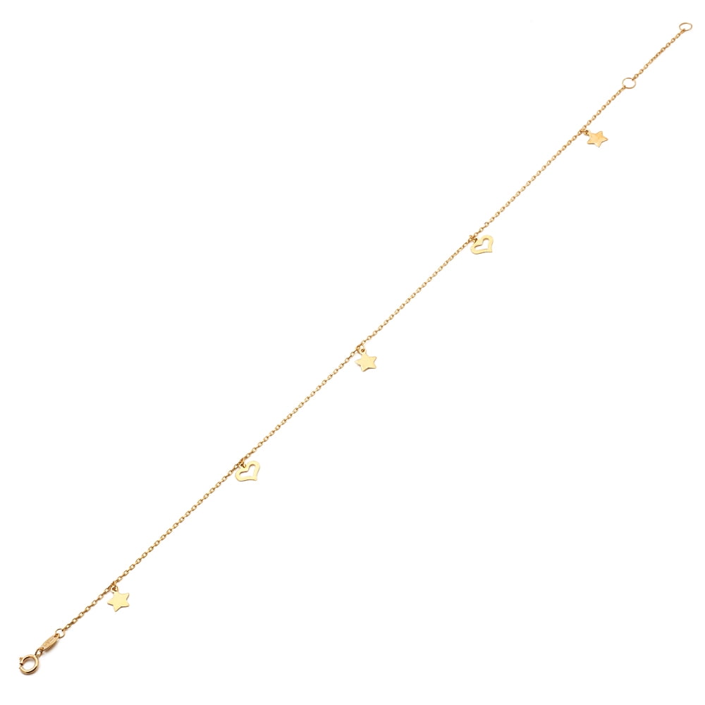 LOVEBLING 10K Yellow Gold .50mm Diamond Cut Rolo Chain with Star and Heart pendants Anklet Adjustable 9" to 10" (#26)