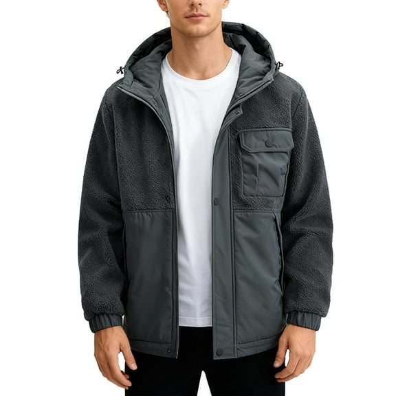 PiGOGI Men's Winter Jacket Casual Solid Zip Up Hooded Fleece Lined Warm Coat Long Sleeve Lightweight Outdoor Daily Wear Dark Gray XL