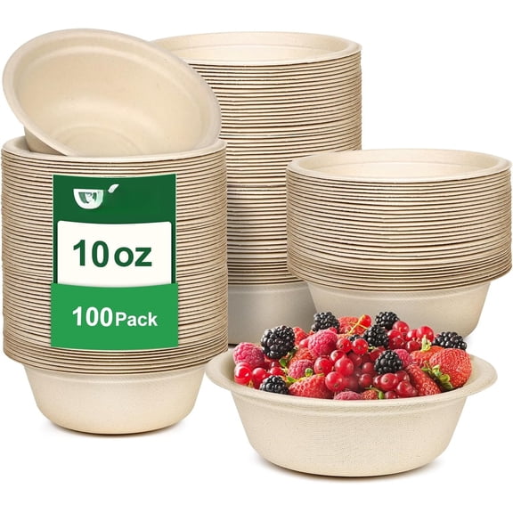 Paper Bowls 10 oz, 100 Pack Small Disposable Bowls, Heavy Duty Paper Bowls for Hot Soup, Salad, Dessert,  Compostable Biodegradable Microwavable Safe
