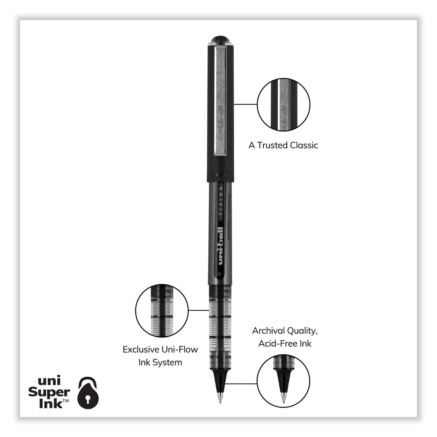 VISION Roller Ball Pen, Stick, Bold 1 mm, Blue Ink, Black/Blue/Clear Barrel, Dozen