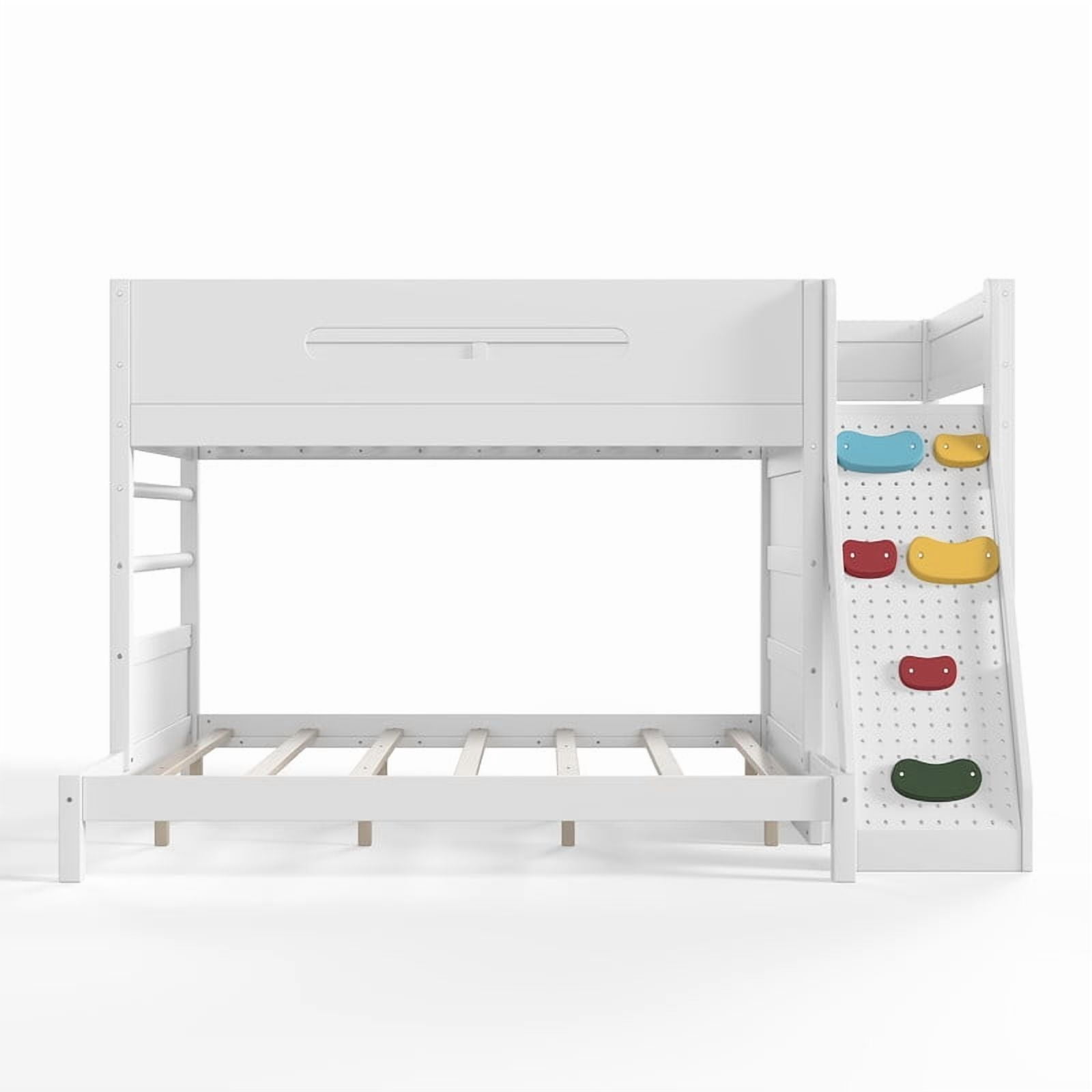 Twin XL Over Queen Bunk Bed with Built-In Wardrobe & Storage, Solid Wood Kids Bunk Bed with Guardrails, Rock Climbing Wall & Upgraded Slats, No Box Spring Needed