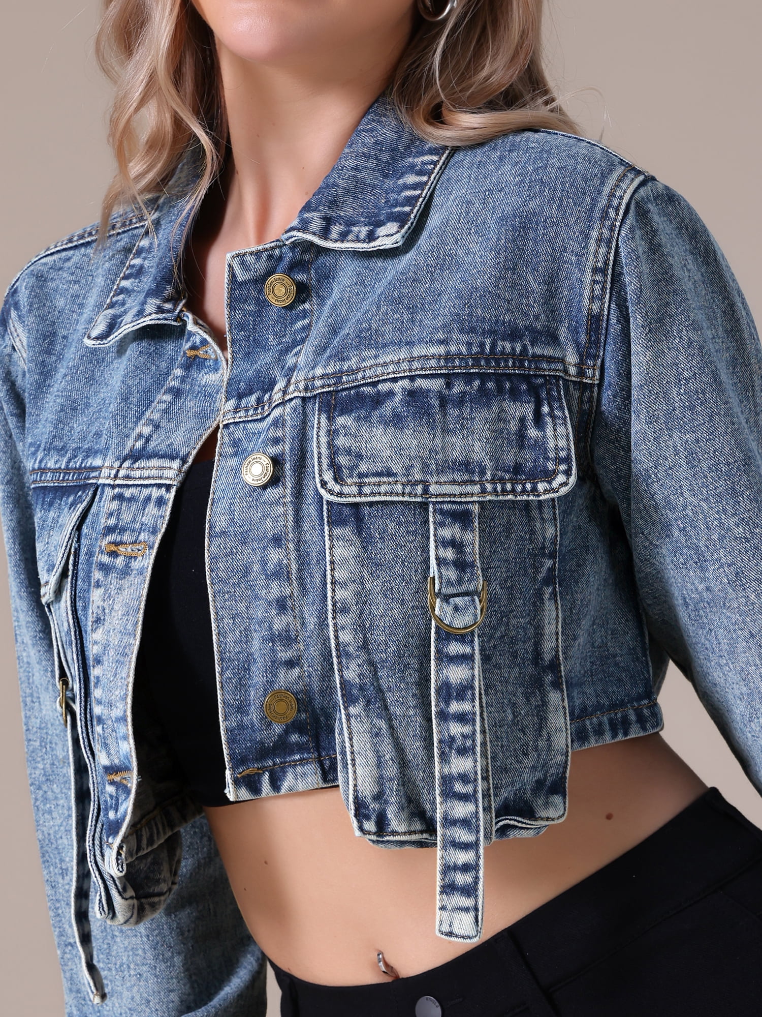 DARING DIVA Women's Button Down Cargo Washed Jean Jackets XL Gray Blue
