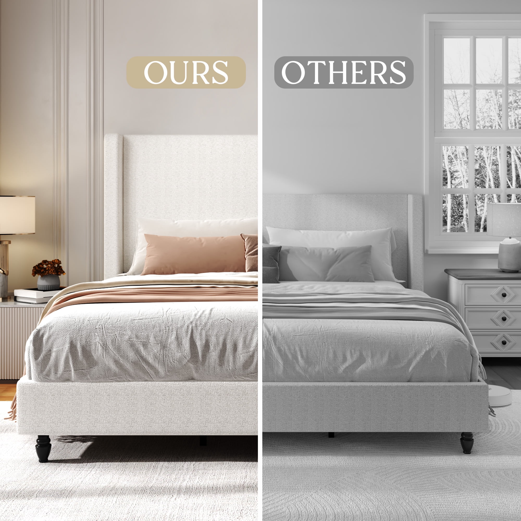Gewnee King Size Platform Bed Frame with Upholstered Wingback Headboard, Solid Wood Legs, Wooden Slats & Sturdy Metal Support, Noise‑Free, No Box Spring Needed, Modern Bedroom Furniture, Beige