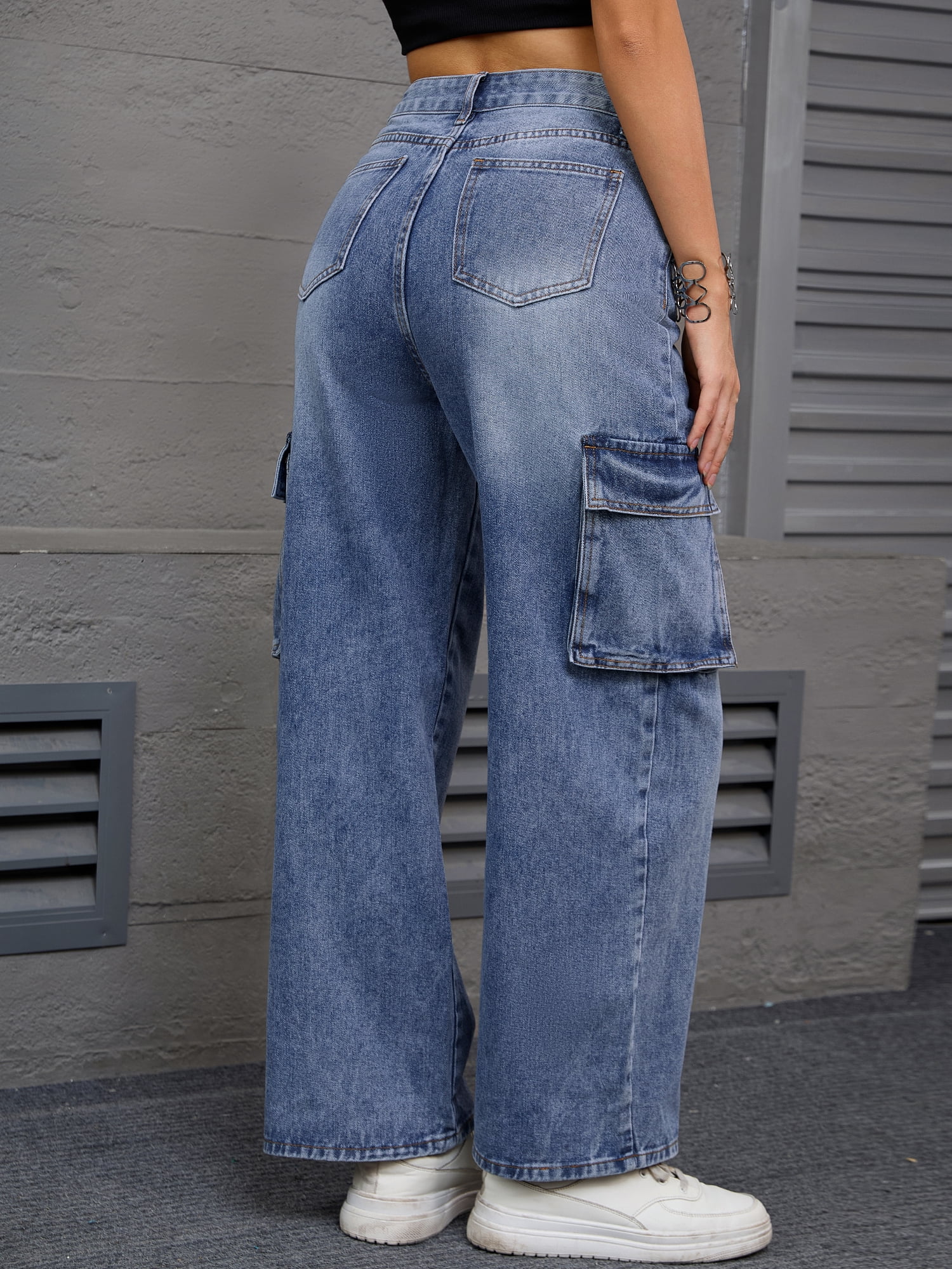 Unique Bargains Women's High Waisted Casual Wide Leg Baggy Denim Pants L Blue