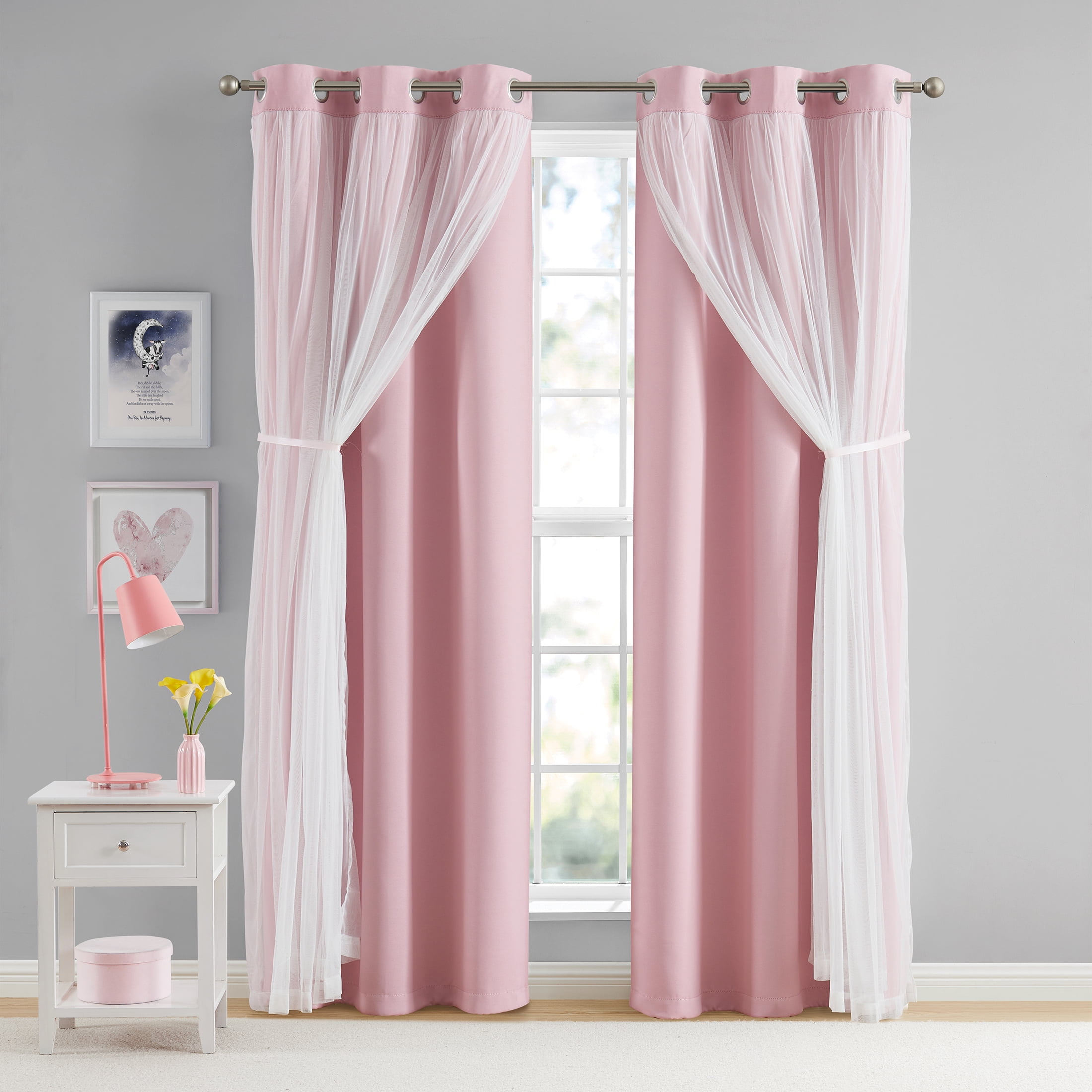 (3 pack) Your Zone Pink Blackout with Sheer Overlay Grommet Curtain Panel, 37 in x 84 in