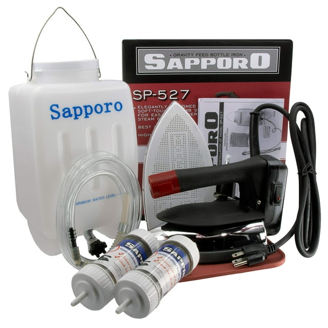 Sapporo - Kit de plancha de vapor para botella de alimentación por gravedad SP527, plancha de vapor, dos cartuchos de desmineralizador en línea y zapato de planchado antiadherente Magic Glide