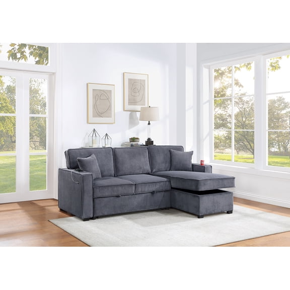 Convertible Sectional Dark Gray Color Corduroy Reversible Chaise w Storage And Sofa Pull Out Bed Pillows Living Room 2pc Set