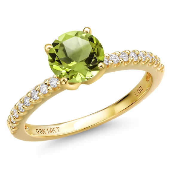 Gem Stone King 14K Yellow Gold Green Peridot and Lab Grown Diamond Engagement Ring for Women | 1.61 Cttw | Round 7MM | Gemstone August Birthstone | Size 8