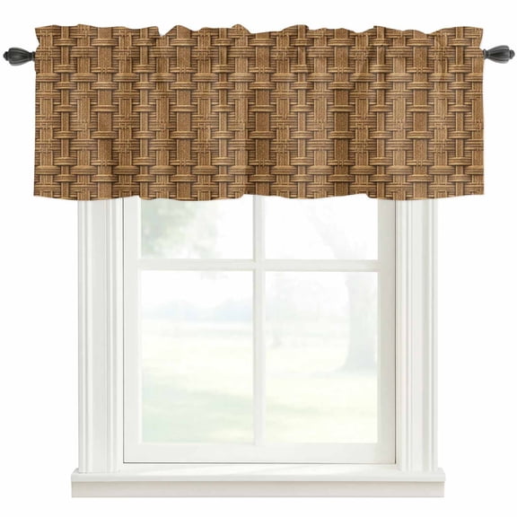 Vintage Rattan Farmhouse Short Window Curtain Valances, Minimalist Abstract Wicker Texture Brown Rod Pocket Kitchen Valances for Living Room Bedroom Bathroom Cafe 54" x 18"