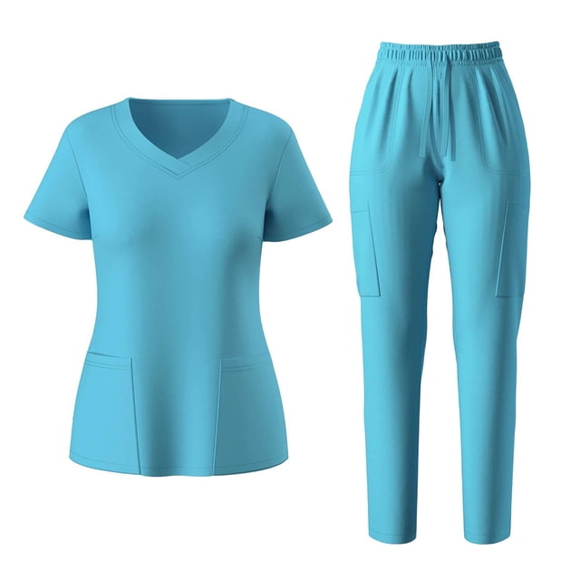 Pounoo Ensembles de Sarraus pour Femmes, Jogger à Col Ras du Cou avec Conception à Multiples Poches, Taille à Cordon, Extensible, Léger, Tenues de Travail en Soins de Santé, Cadeau
