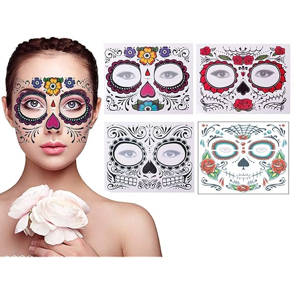 wonima02 4 Pack Day of The Dead Sugar Skull Face Temporary Tattoo Halloween Makeup Tattoo Stickers for Halloween Masquerade Party(Floral, Red Roses,Black and Floral Skeleton)