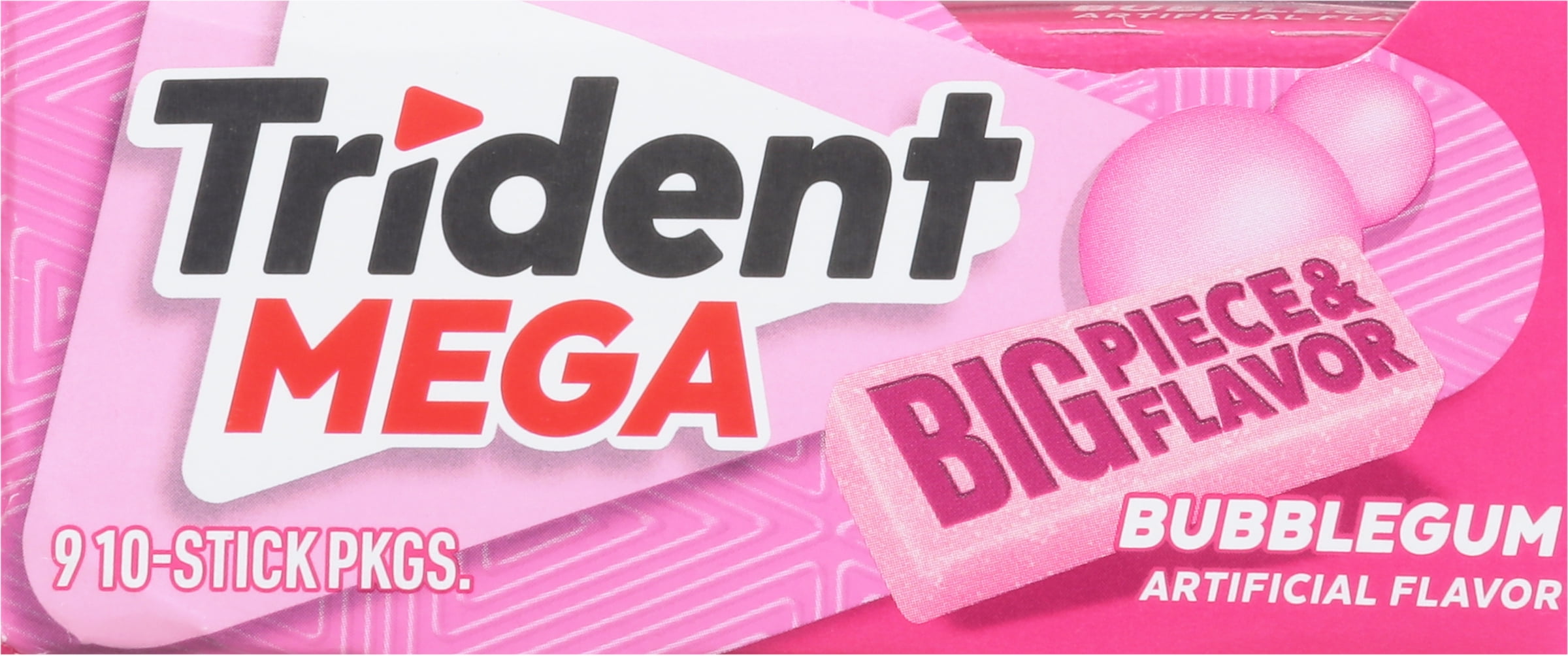 Trident Mega Bubblegum Sugar Free Gum, 9 Packs of 10 Pieces (90 Total