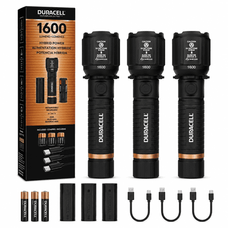 Duracell Durabeam Ultra Hybrid LED Flashlights, 1600 Lumens, USB-C Rechargeable or AAA Battery Powered, Zoom Focus, 3 Pack
