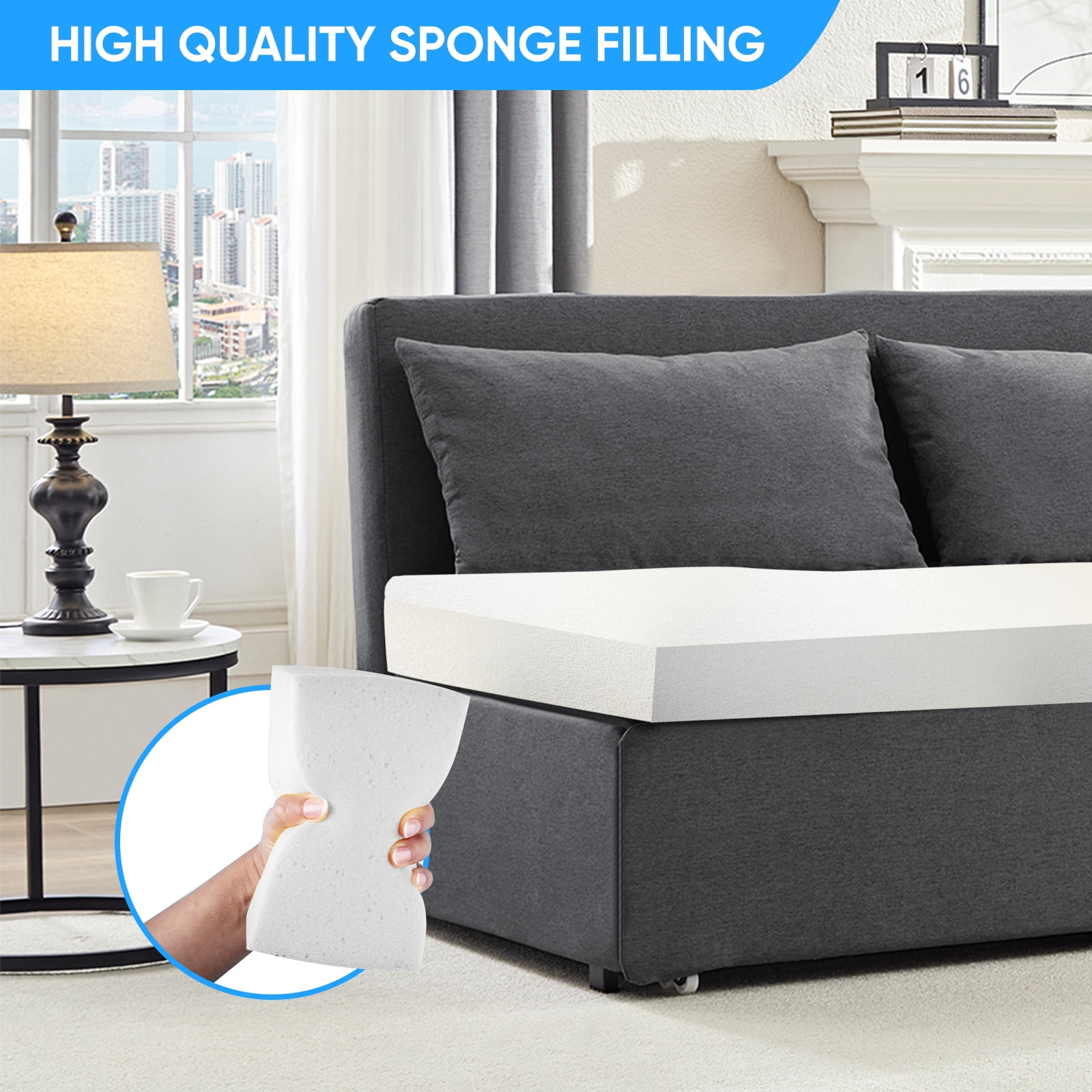 BALUS 62" Linen Queen Size Pull Out Sofa Bed, Convertible Loveseat Sleeper Sofa with 2 Pillows and Foldable Mattress, Dark Gray