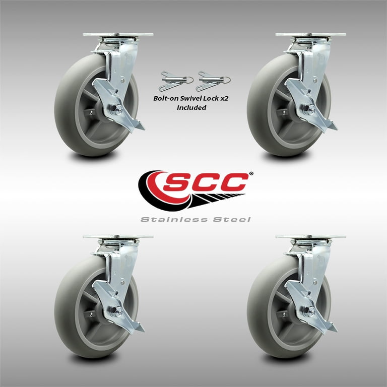 Service Caster #30 Swivel Caster - 8x2 Inch Rubber On Aluminum Wheel, Bolt-On Swivel Lock, 600 Lbs Capacity, For Carts & Equipment