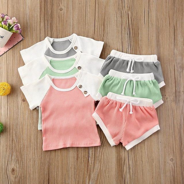 Bébés Filles 2-Pièces Ensemble Manches Courtes Tricot Patchwork Rayé Col Rond Top Chemise Sangle de Dessin Bande Élastique Pantalons Ensemble