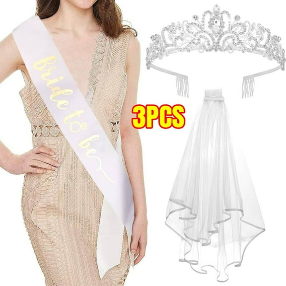 3 PCS Bachelorette Party Decorations -Bride To Be Sash & Wedding Veil, Crystal Crown for Bachelorette Party Favors Bridal Shower