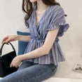 thumbnail image 2 of Camisa de mujer Cuello en V Manga corta Blusa de rayas con volantes Top casual, Azul, 3XL kenally AP001462-23, 2 of 7