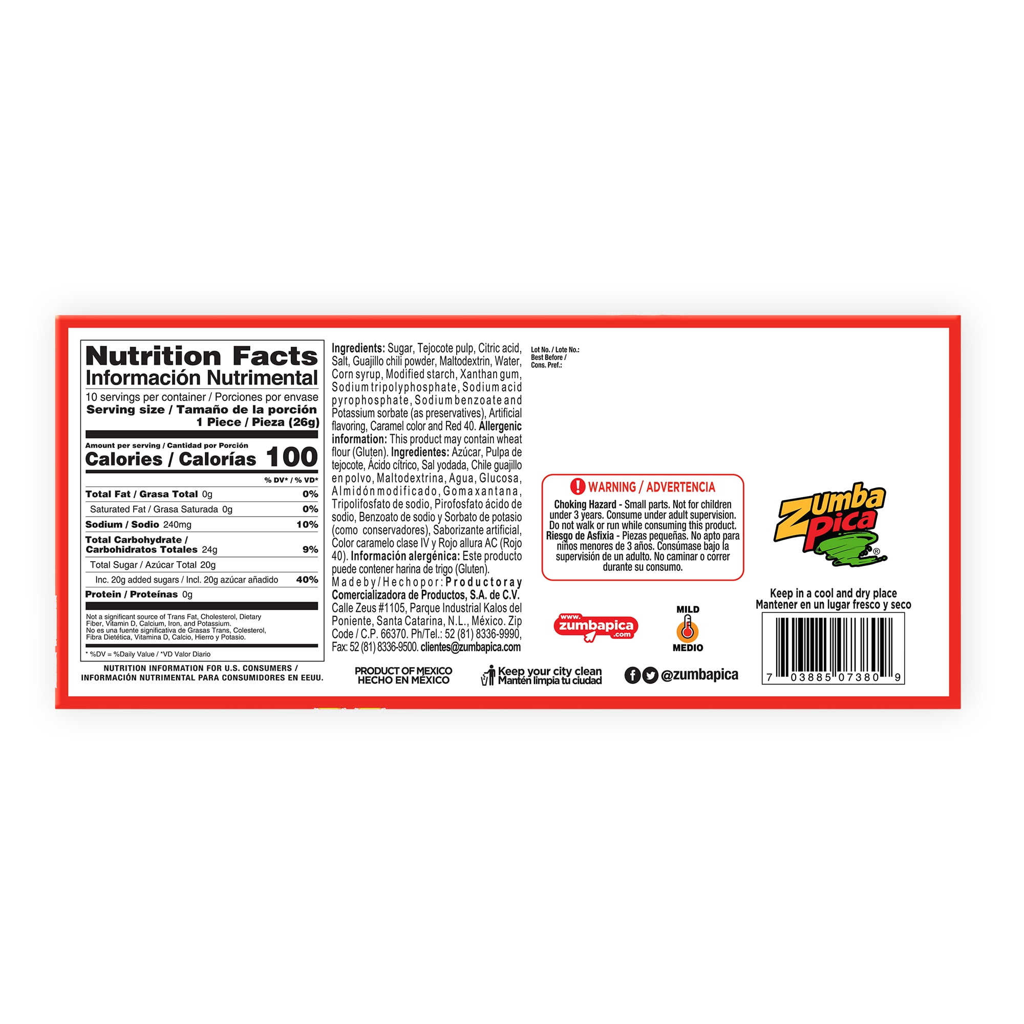 Zumba Pica Tirolo Tamarind Candy Straws, Chewy Mexican Candies, 10 Count