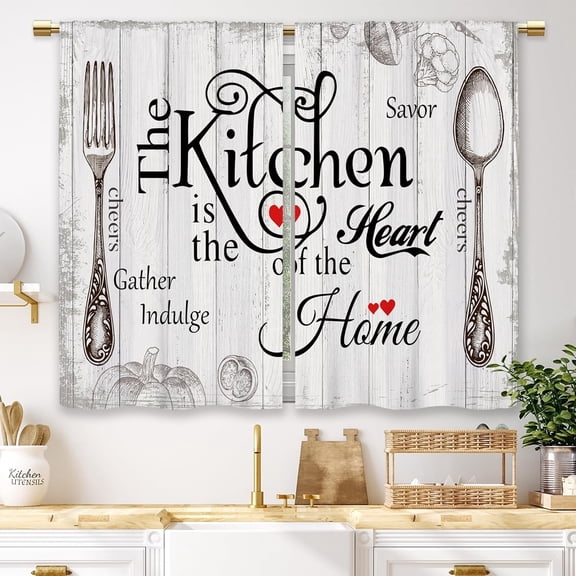 Farmhouse Rustic Kitchen Curtains Vintage Fork Spoon Retro Small Short Cafe Window Curtains Barn Country Wooden Wood Plank Rod Pocket Bathroom Tier Window Treatment Drapes (28x40 Inch)