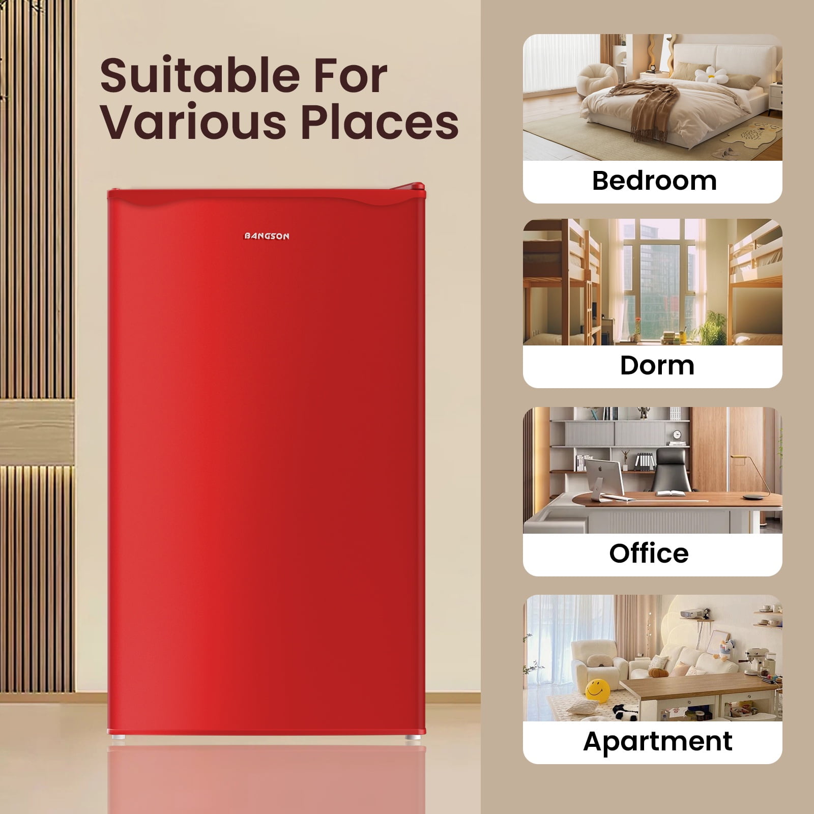 BANGSON 3.2 Cu.ft Mini Fridge with Freezer - Small Refrigerator for Bedroom Dorm Office, Compact Single Door, Adjustable 5-Temp & Quiet, Red