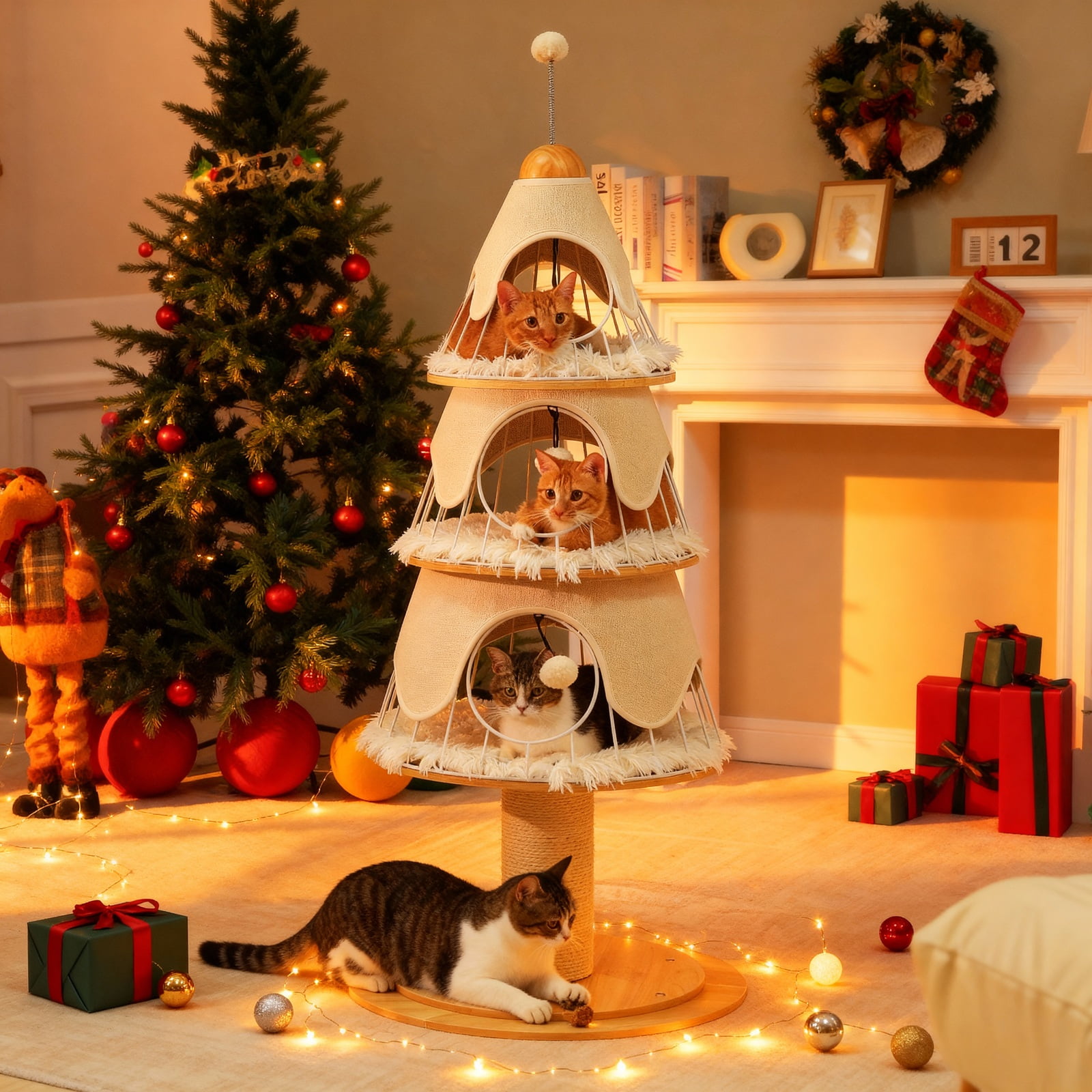 PAWZ Road 51.2" Christmas Cat Tree for Indoor Cat Modern Cat Tower with 3 Cat Condos and Scratch Post, White