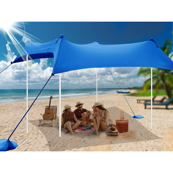 Family Beach Tent Canopy Sun Shade Portable 10×10FT, Large Wind Resistance Beach Sun Shelter Easy Setup with Packable Carry Bag for Outdoor Travel UPF 50  (Blue)