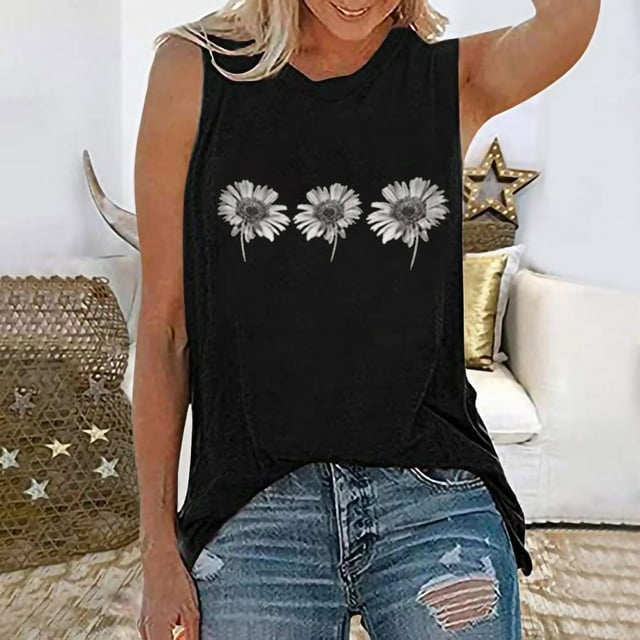 CEHVOM Womens Tank Tops Casual Loose Fit Plus Size Sunflower Printed Tee Shirts