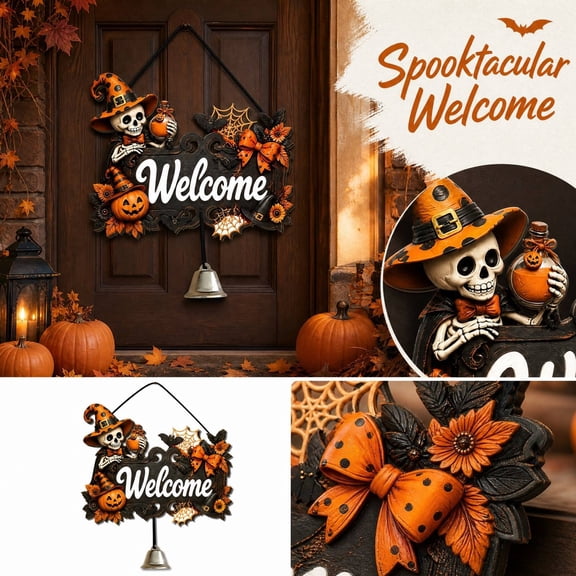 Halloween Welcome Entryway Decor Plaque, Halloween Hanging Decorations, Outdoor Halloween Door Decorations, Halloween Pumpkin Decorations, 12X10 Inch Wooden Hanging Welcome Sign
