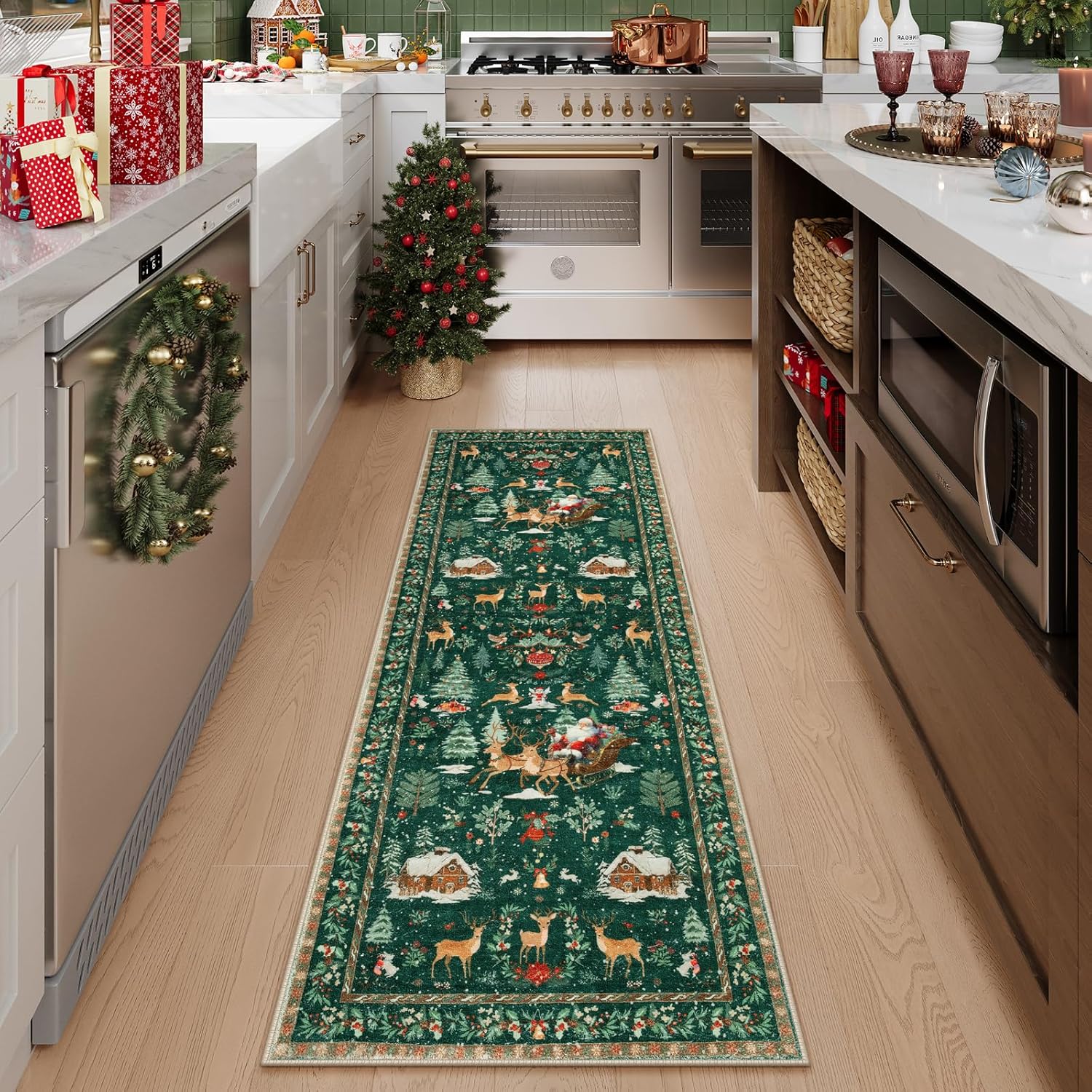 Lahome Christmas Rug,2'x6'Christmas Runner Rug,Holiday Machine Washable Non Slip Christmas Xmas Decoration Kitchen Rug Mat,Indoor Christmas Carpets for Living Room,Snowflake Rug,Green