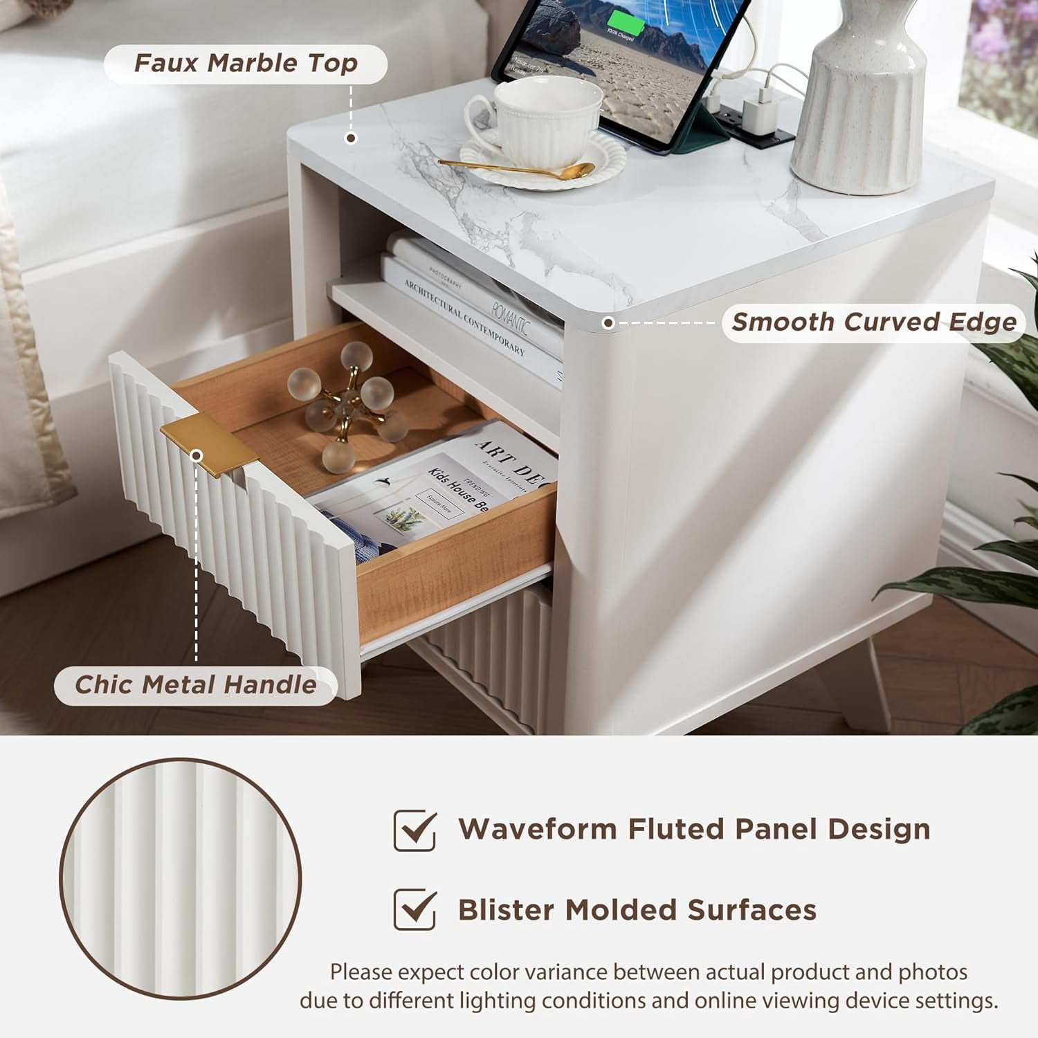 OKD Mid-Century Modern Nightstand with Charging Station, Wood End Table Side Table for Living Room, Fluted Panel, Solid White